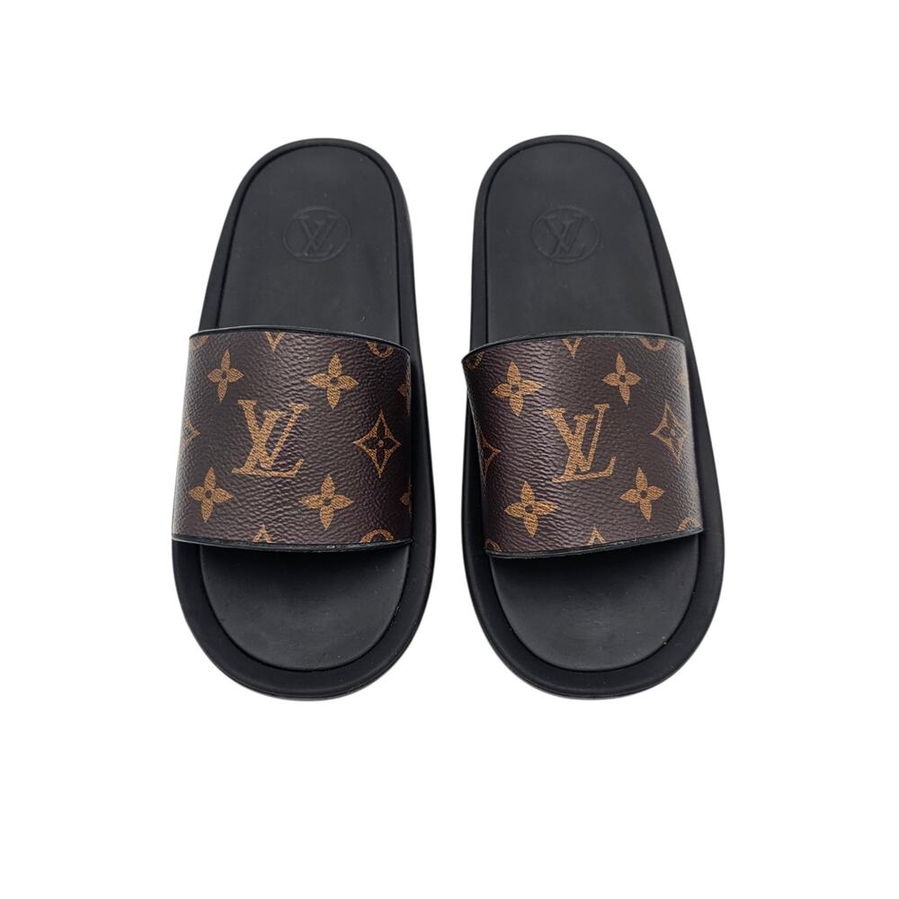Louis Vuitton Sunbath Slide Sandal Flat Gold Brown Monogram Canvas Size 37 US 7 - Picture 3 of 10